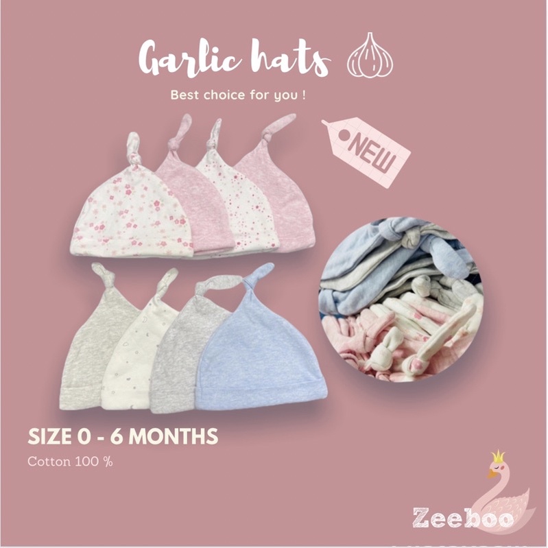 Set 2 mũ vải cotton củ tỏi cho bé sơ sinh - 6 tháng, chất vải mềm mại co giãn an toàn cho bé