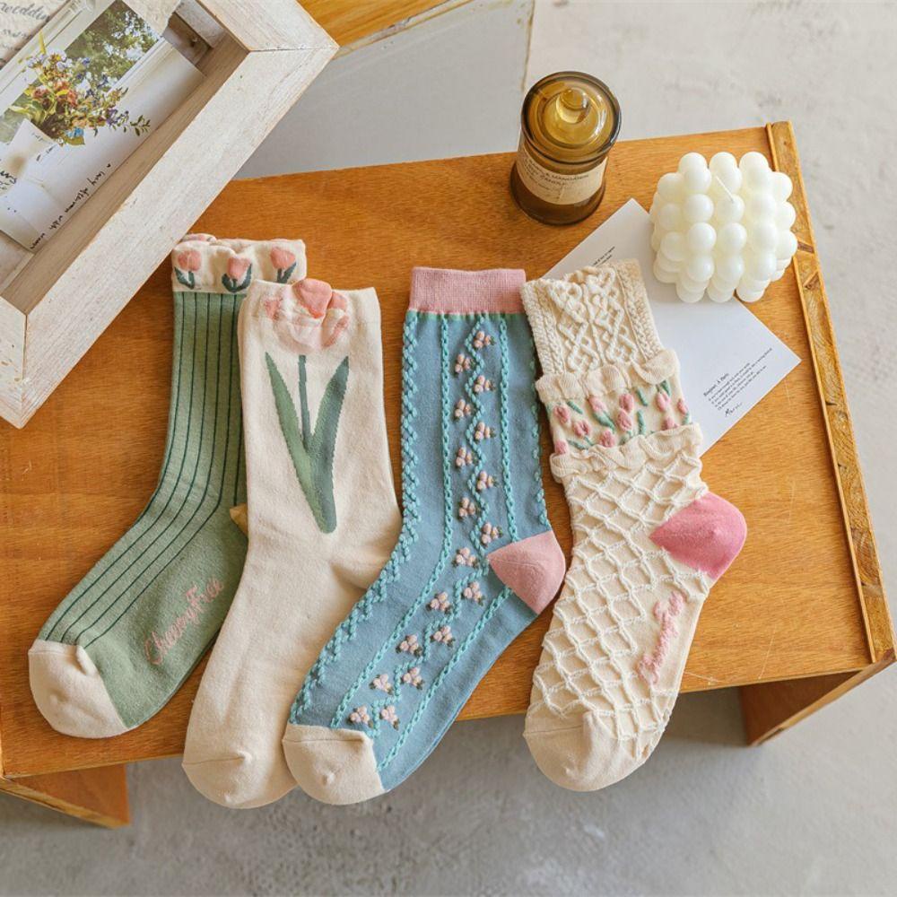Vớ Cổ Trung Phối Bèo Họa Tiết Hoa Tulip Dễ Thương Thời Trang Thu Đông Cho Nữ