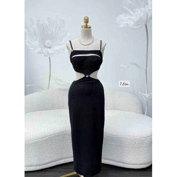 Đầm body hai dây khoét eo đính tag đá sexy