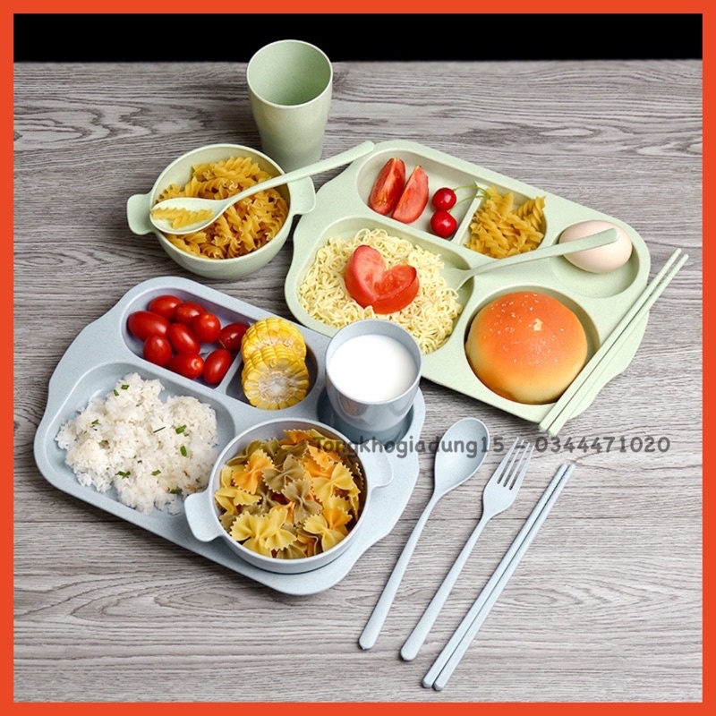 Khay đựng cơm lúa mạch gồm 6 chi tiết cho bé