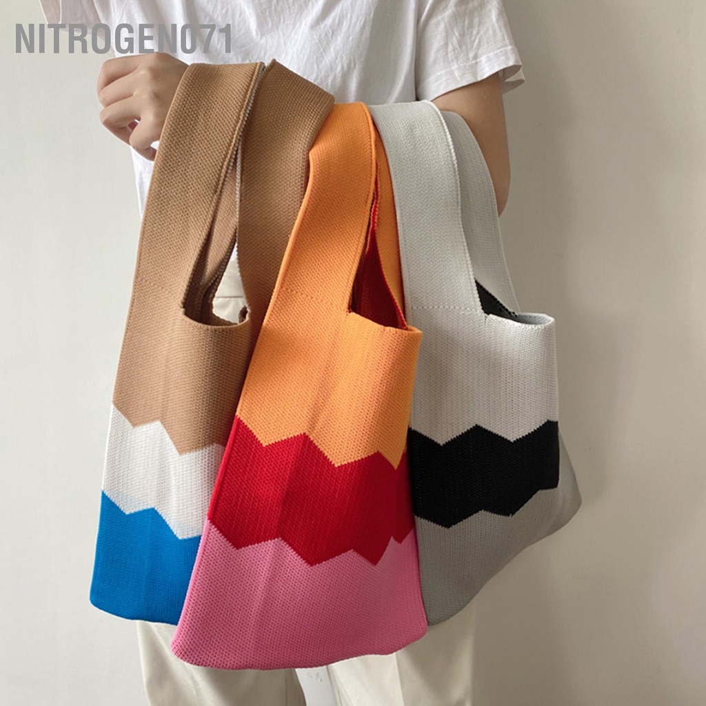 Nitrogen071 Túi xách dệt kim Sọc rộng Dệt đeo tay để mua sắm Trường sử dụng hàng ngày #3