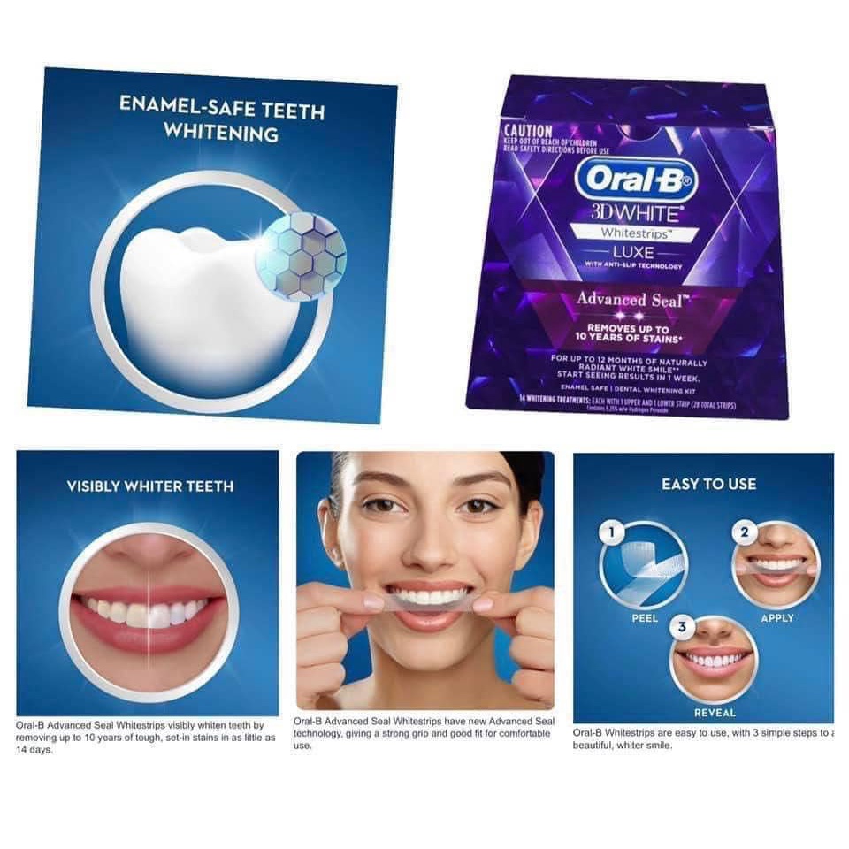 [Bán Lẻ] Miếng dán trắng răng Oral B 3D White Luxe Advance Seal Whitening Treatment