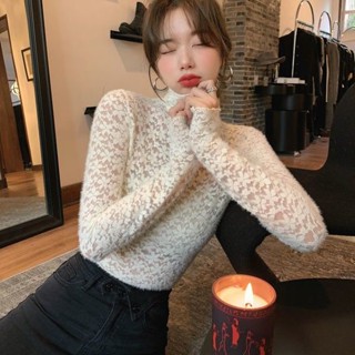 Áo Thun Nữ Tay Dài Cổ Cao Phối Ren Thời Trang Hàn Quốc