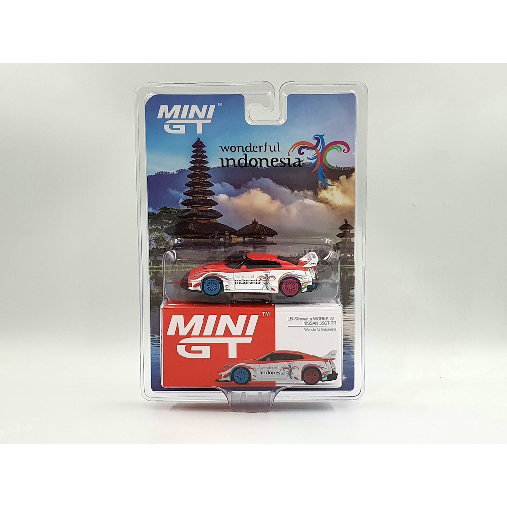 Xe Mô Hình Nissan LB-Silhouette Works GT R35GT - RR Ver.1 Wonderful Indonesia 1:64 MiniGT ( Trắng Mâm Xanh - Đỏ )