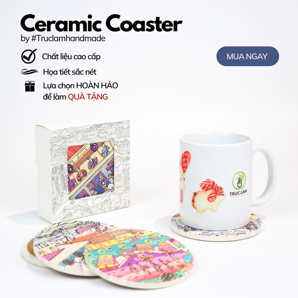 Bộ Lót Cốc Gốm Men Mờ 4 Chiếc Hình Tròn Siêu Thấm Nước Có Đế Gỗ Chống Trơn Trượt Chủ Đề Lễ Hội – Trúc Lâm Handmade