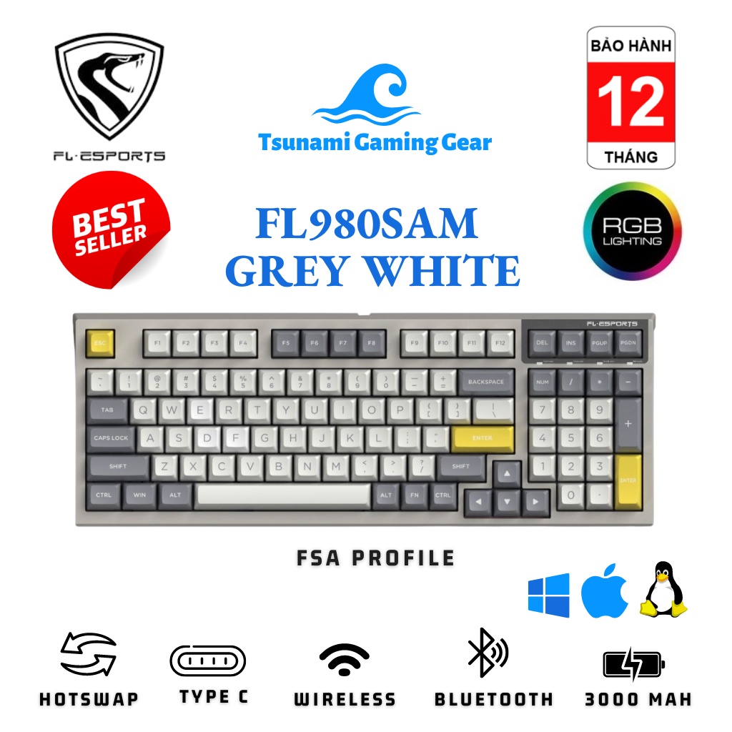 Bàn phím cơ FL-Esports FL980SAM White Grey | RGB | Bluetooth I Wireless I Hotswap I Kailh Box Switch
