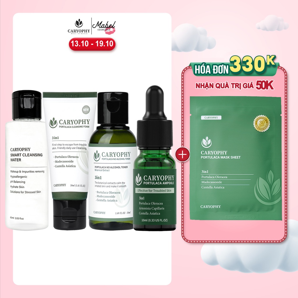 Bộ chăm sóc da mụn Caryophy Portulaca (Tẩy trang 60ml Sữa rửa mặt 30ml Toner 50ml Serum 10ml)