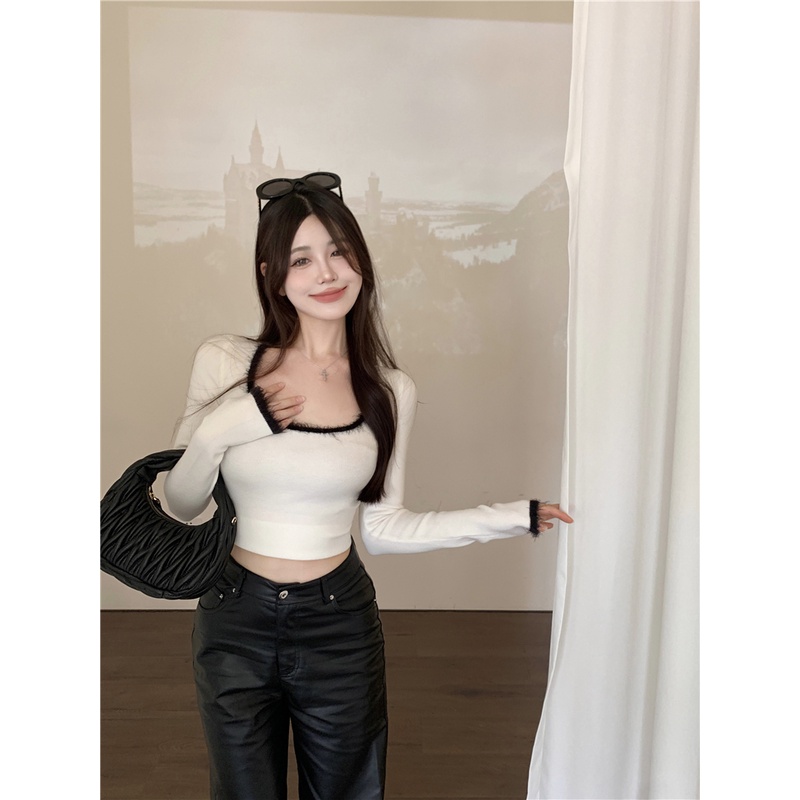 Áo croptop ZHELIHANGFEI tay dài cổ vuông ôm dáng phong cách quyến rũ cho nữ