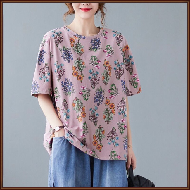 Áo Thun Tay Ngắn Cổ Tròn In Hình Hoa Dành Cho Nữ Plus Size