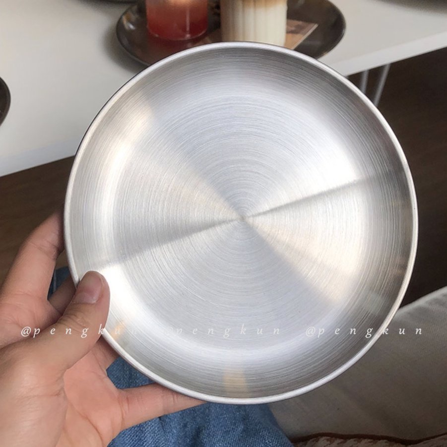 Khay Tròn Bằng Thép Không Gỉ Bề Mặt Nhám Đựng Bánh Cà Phê Phong Cách Hàn Quốc