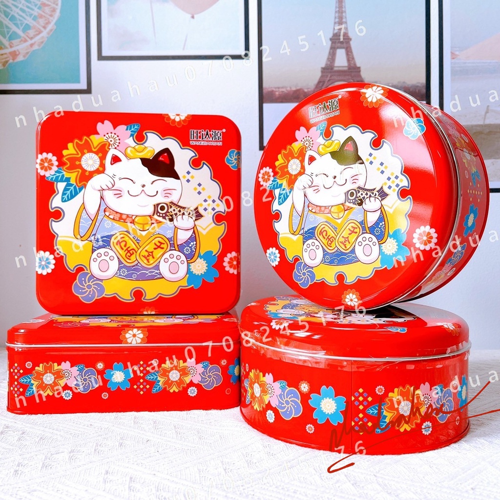 HÀNG TẾT - Hộp thiếc bánh qui hình MÈO MAY MẮN SẮC MÀU hộp tròn vuông 168gam