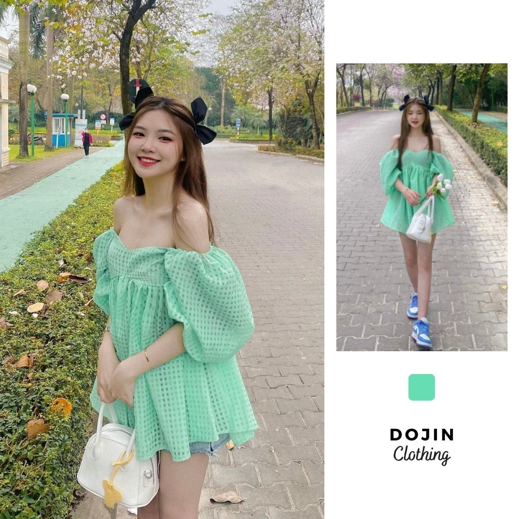 Áo kiểu Felida Top tay bồng lưng chun co giãn màu xanh mint siêu hot