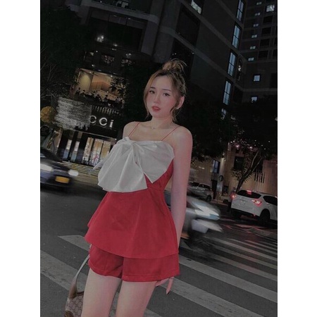 [11.11 Sale Freeship] Set bộ đùi nữ,set áo hai dây đính nơ trắng to ở ngực mix quần short đi chơi dạo phố trẻ trung mtb