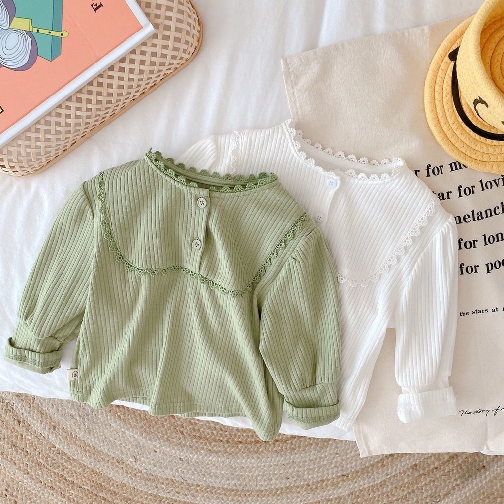 Áo Thun Tay Dài Cổ Lá Sen Màu Trắng / Xanh Lá Chất Liệu Cotton Thời Trang Mùa Hè Hàng Mới Đơn Giản Dễ Phối Đồ