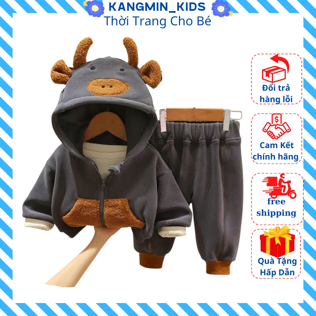 Bộ Nỉ Áo Khoác Có Mũ Tai Gấu Bộ Áo Khoác Quần Nỉ Thu Đông Cho Bé Từ 6-28Kg-KANGMIN KIDS