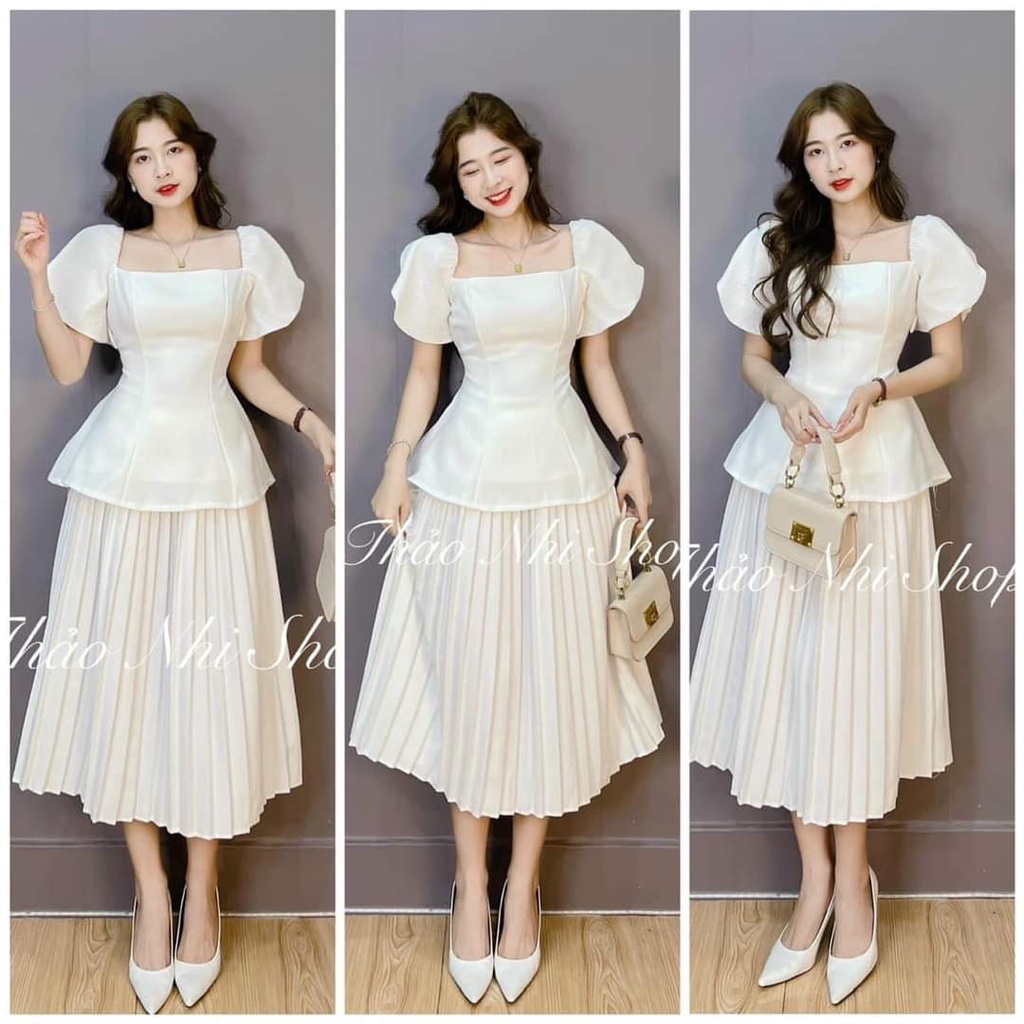 Set áo trắng pelum cổ vuông tay tiên + chân váy midi dập ly dáng xòe mẫu thảo nhi shop