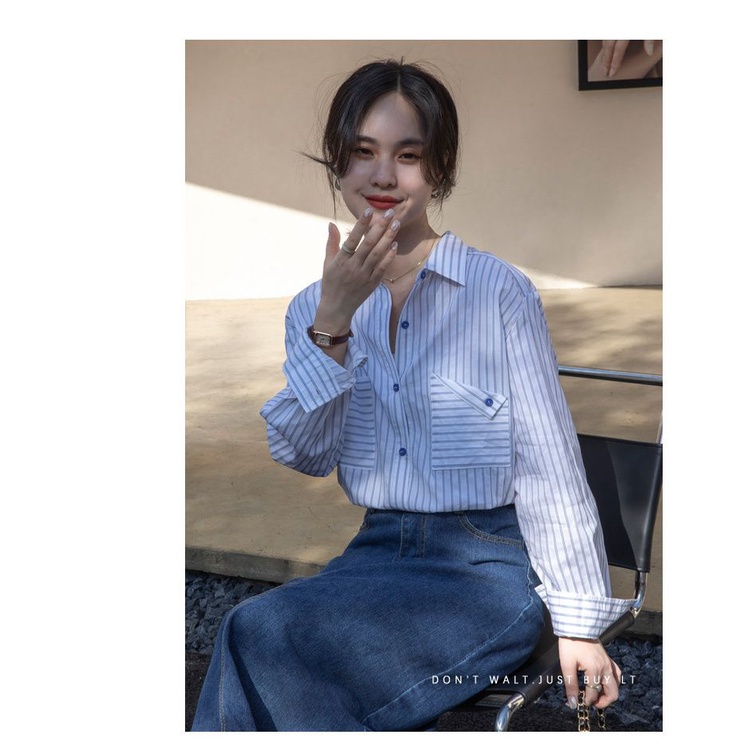 Áo Sơ Mi Tay Dài Kẻ Sọc Xanh Dương Phong Cách Pháp Thời Trang Mùa Thu Mới 2022 Cho Nữ