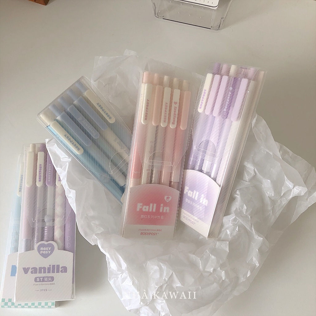 Set bút gel đen Rosy Posy phong cách Hàn Quốc theo tone màu xinh xắn