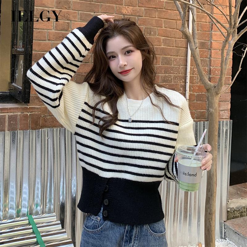 IELGY    Japanese split stripe knitting round neck sweater women