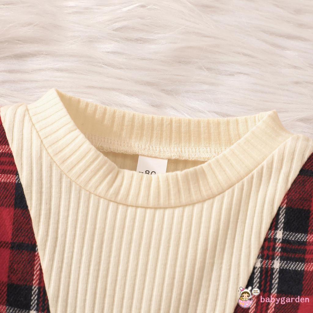 Đầm Tay Dài Giả Hai Lớp Cổ Tròn In Họa Tiết Caro + Băng Đô Nơ Phong Cách Giáng Sinh Cho Bé Gái