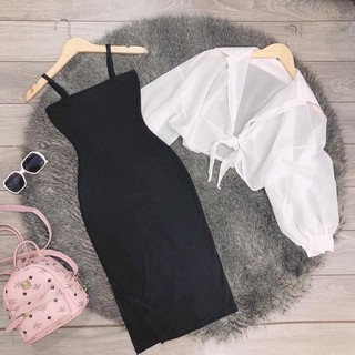 Sét đầm body đen kèm áo khoác trắng