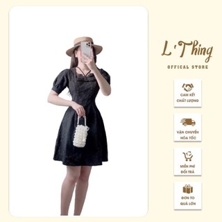 Váy cổ vuông dáng xòe tay bồng, Váy thiết kế buộc cổ dáng ngắn