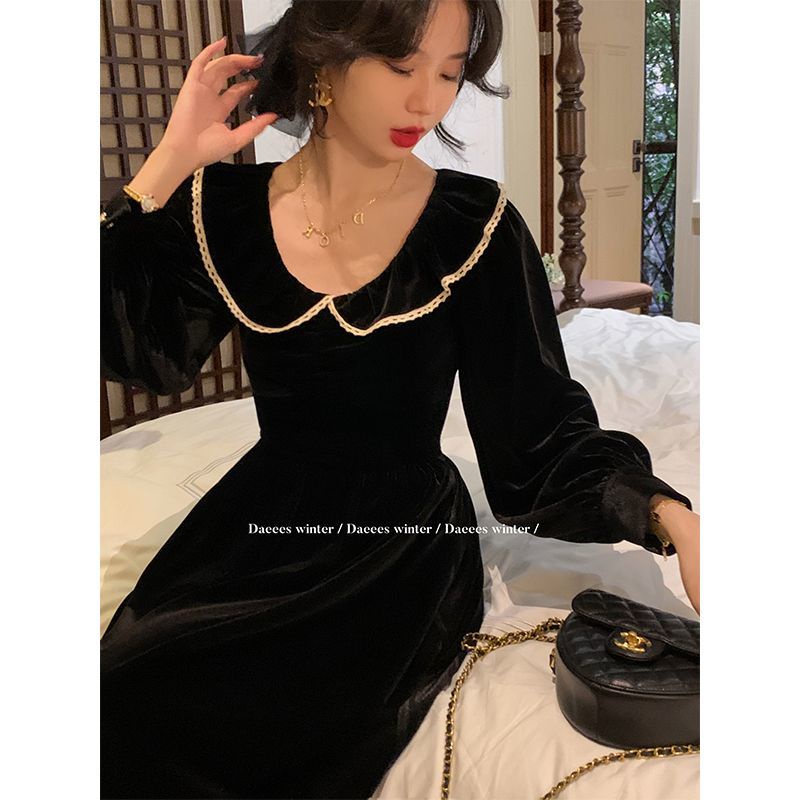 2023 Đầm midi Đen Tay Dài Phong Cách Retro Thanh Lịch Cho Nữ