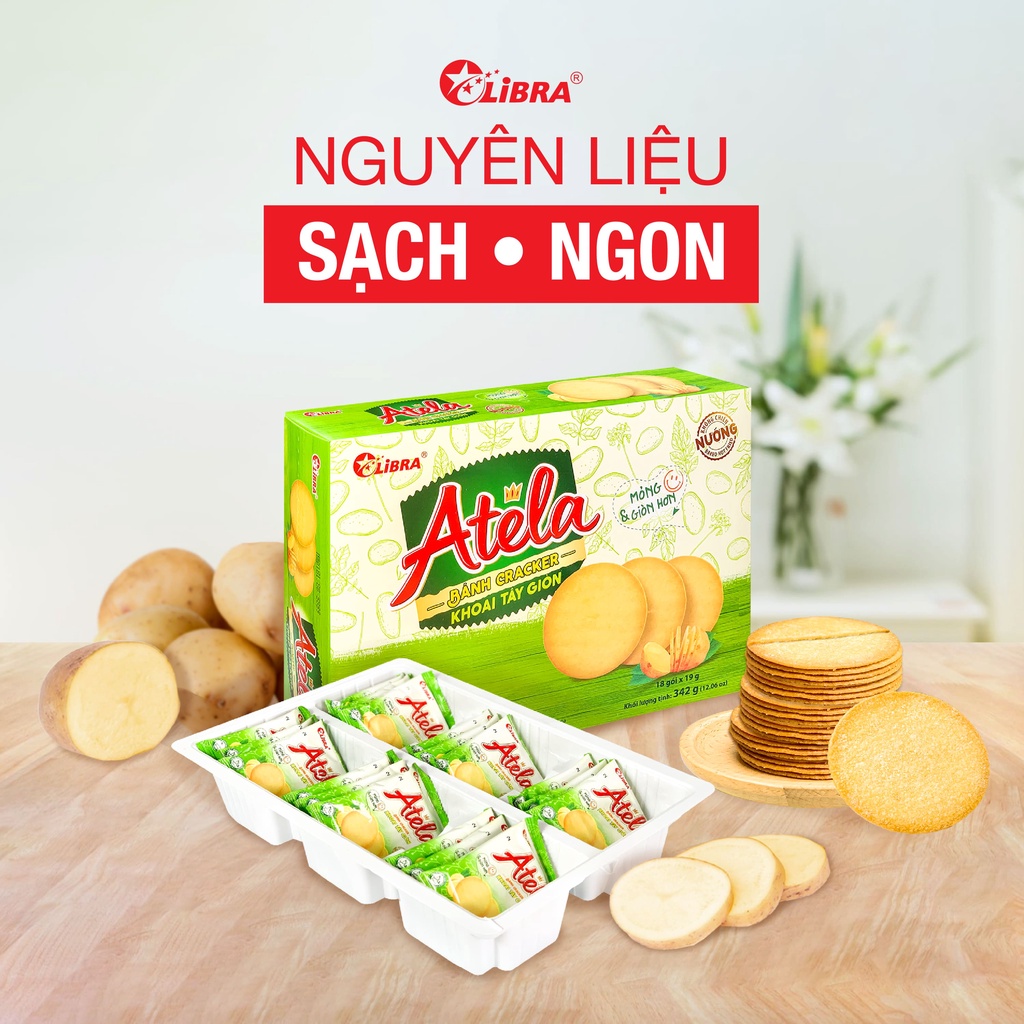 Bánh cracker khoai tây LIBRA đồ ăn vặt dinh dưỡng snack potato mặn giòn bánh lễ tết Atela hộp 342gr