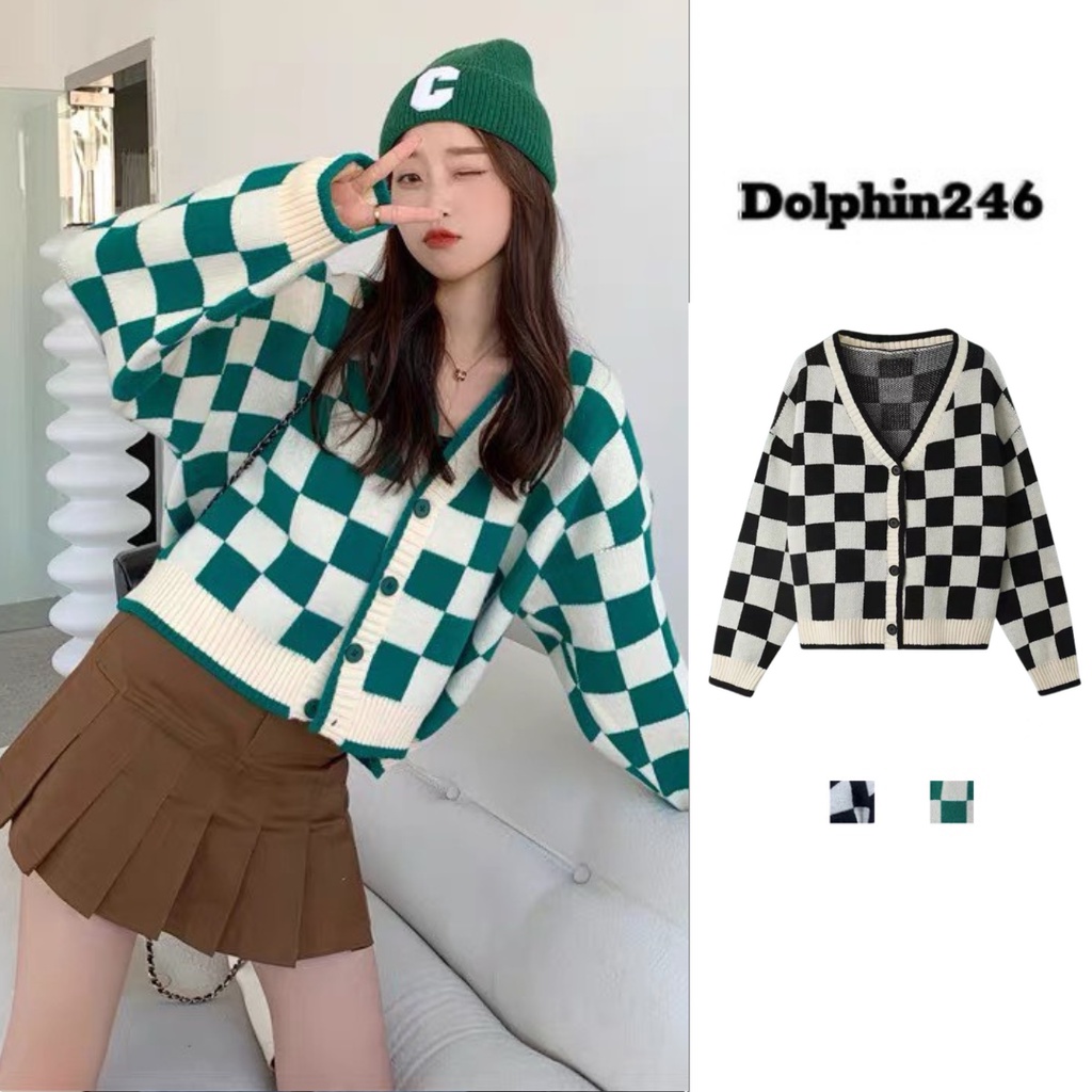 Áo khoác cardigan len dáng croptop tay dài sọc caro kẻ ô màu xanh đen phong cách hàn quốc hàng Quảng Châu đẹp D-10