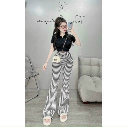 Set bộ mặc nhà đi chơi quần sọc ngang 2 màu ống loe kèm áo thun tay ngắn cổ bẻ hot