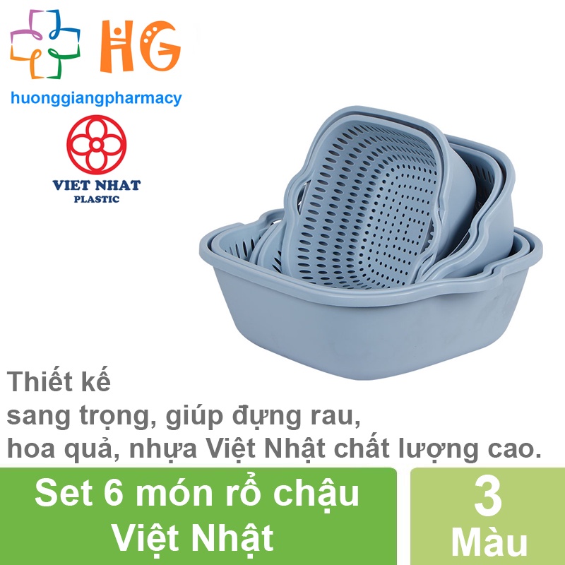 Bộ rổ vuông 2 lớp Việt Nhật Bộ rổ kèm chậu hứng nước rửa rau củ đựng hoa quả trái cây