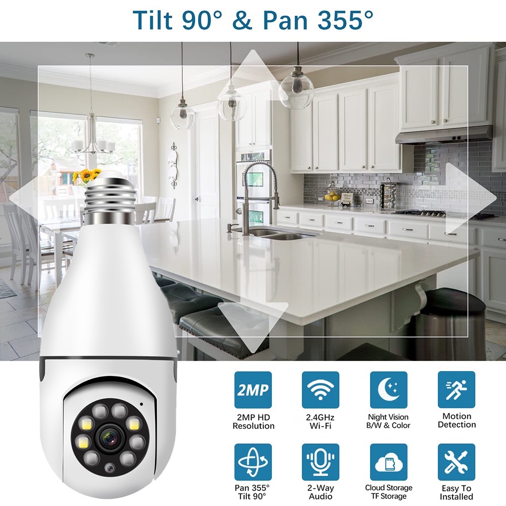 Camera An Ninh Không Dây 1080p Hd Xoay 360 Độ Chống Nước Có Chế Độ Phát Hiện Chuyển Động Hình Bóng Đèn