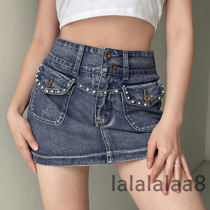 Chân Váy Jean Ngắn Lưng Cao Đính Đá Thời Trang LAA8