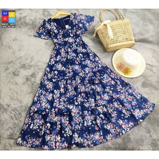 Đầm Cổ Tim Tay Bồng Hoa Xanh Đen Xinh Xắn Hàng Thiết Maxi Đẹp ( Full Size Đến 75Kg)