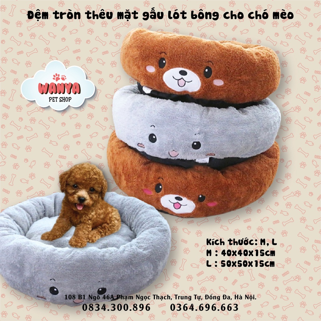Đệm ngủ tròn thêu hình mặt thú xinh xắn siêu dày cho chó mèo | Wanya Pet Shop