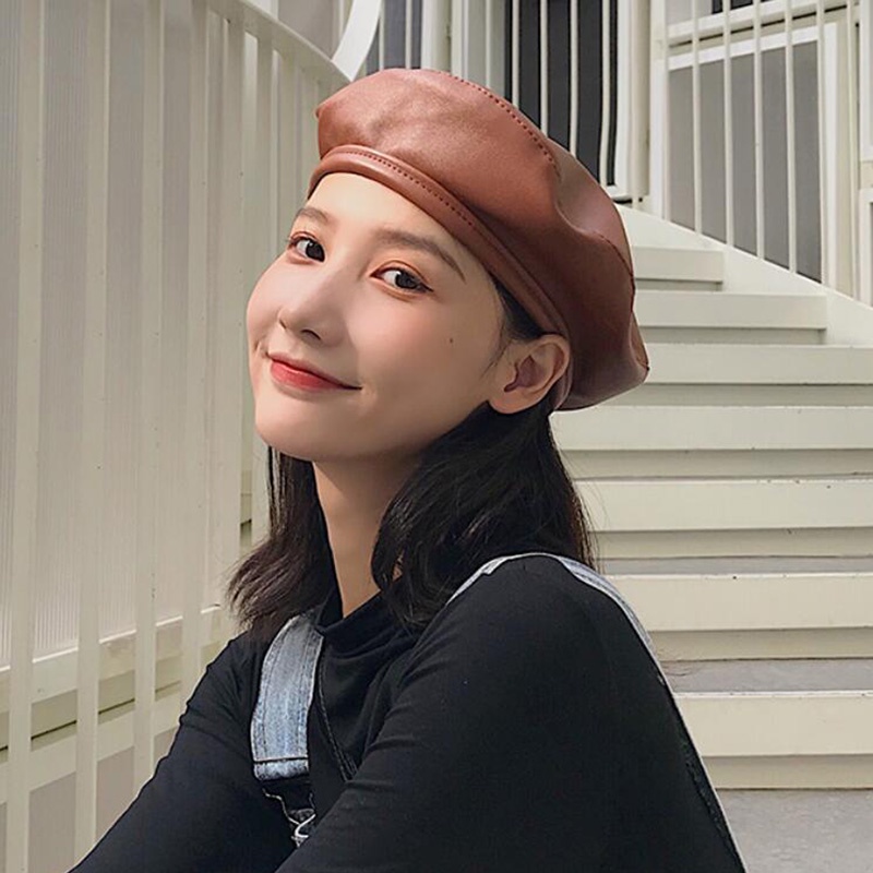 [Hot] Mũ Beret Da Màu Trơn Phong Cách Vintage Pháp Thời Trang Cho Nữ