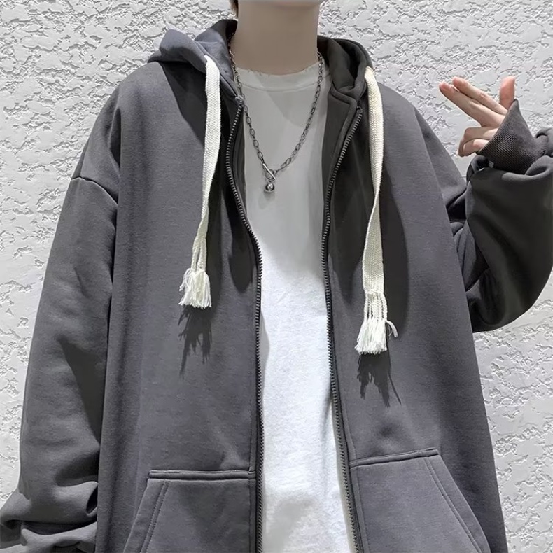 Áo hoodie Nhung Màu Trơn Dáng Rộng Có Khóa Kéo Thời Trang Hàn Quốc Cho Nam Nữ