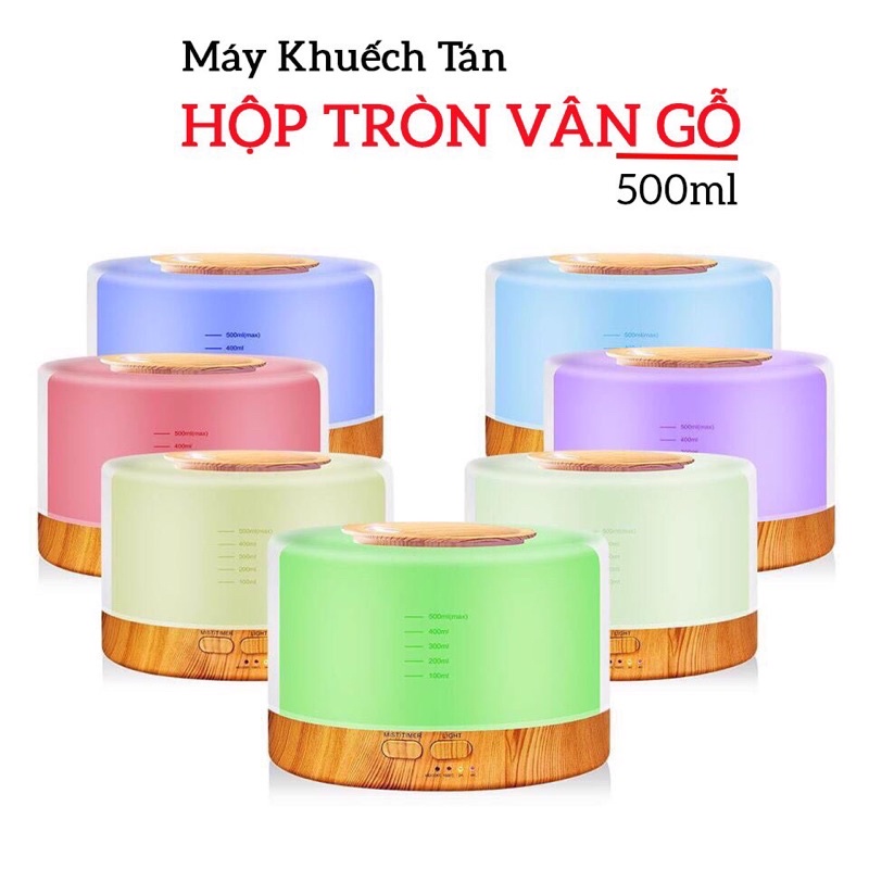 MÁY KHUYẾCH TÁN PHUN SƯƠNG TINH DẦU TRỤ TRONG ĐẾ VÂN GỖ 500ml, MÁY XÔNG HỘP TRÒN VÂN GỖ REMOTE, HẸN 