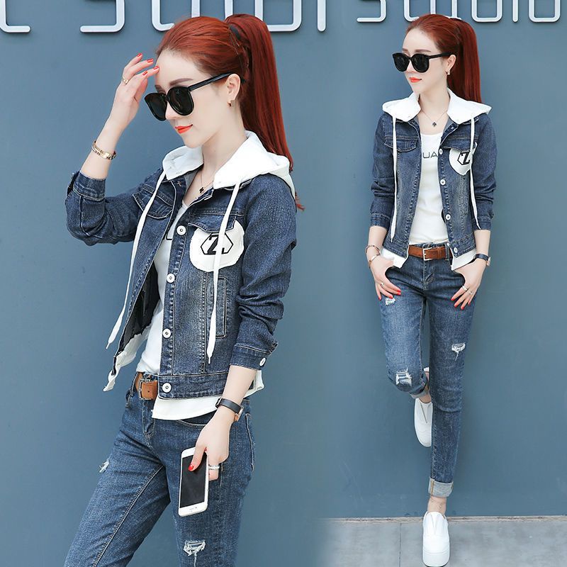 Set Áo Khoác Denim Có Nón + Quần Jeans Dài Thời Trang Cho Nữ