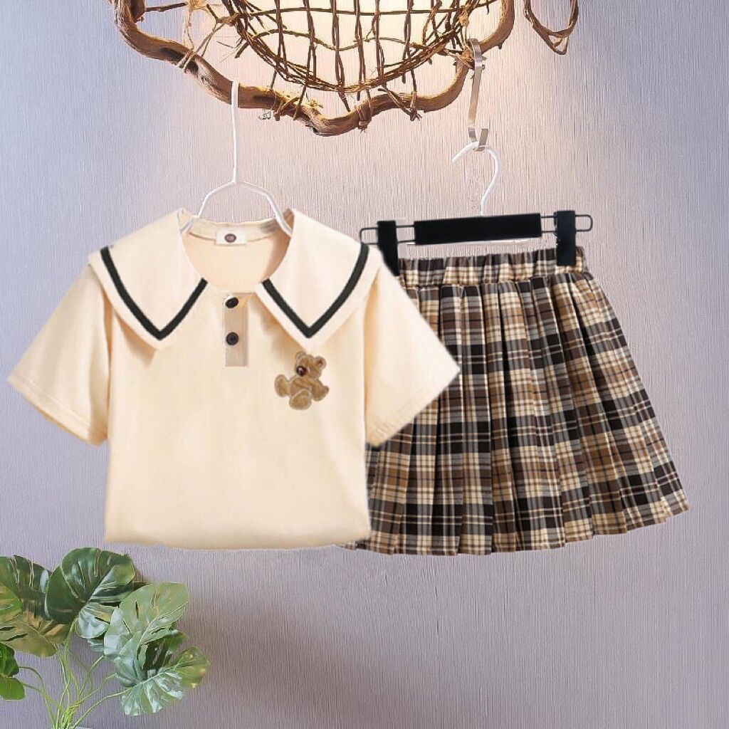 Baju Set Áo Sơ Mi Ngắn Tay Xếp Ly Sọc Caro + Chân Váy Dài Vải cotton Cho Bé Gái 3-6 Tháng Tuổi