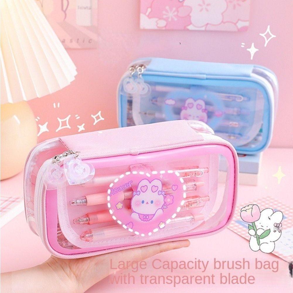 Túi Đựng Bút Trong Suốt Có Khóa Kéo Sức Chứa Lớn Phong Cách Hàn Quốc