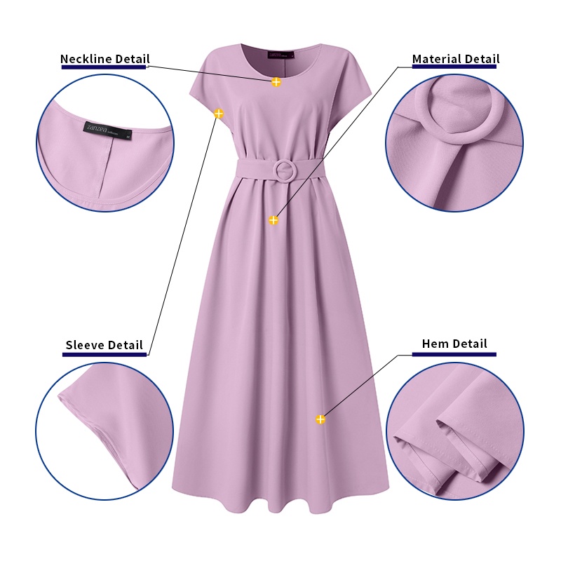 Đầm nữ Zanzea tay ngắn cổ tròn phối thắt lưng phong cách Châu Âu thời trang