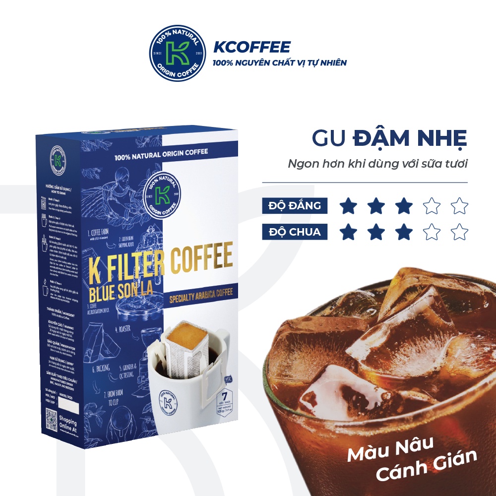Cà phê Arabica nguyên chất phin giấy K Filter Blue Sơn La 105g/túi thương hiệu K Coffee