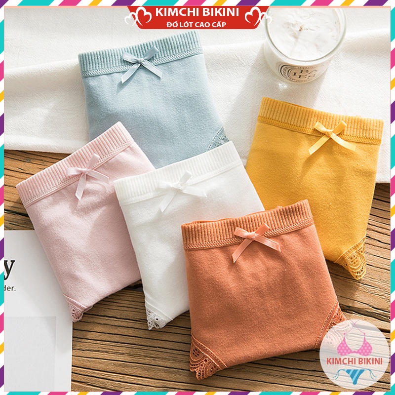 Quần xịp nữ cotton vải mềm viền ren KIMCHIBIKINI Quần lót nữ rẻ cạp to đáy kháng khuẩn QL008