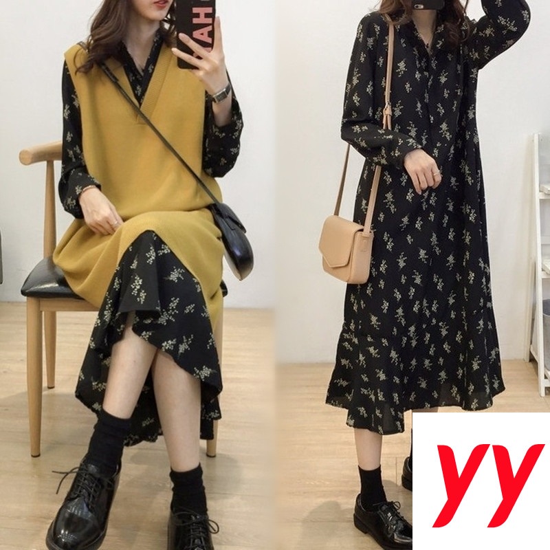 Set Đầm Hoa + Áo Khoác Len Không Tay Phong Cách Thời Trang Thu Đông Hàn Quốc Có Size Lớn Cho Nữ Lên Đến 100kg