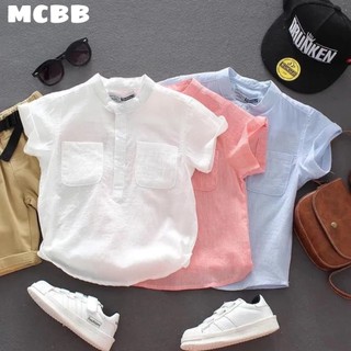 Mcbb 25-47 kg 100% vải linen áo sơ mi bé trai áo sơ mi ngắn tay cho bé trai áo trắng hồng áo bé trai trẻ em 1-16 tuổi bộ