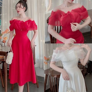 Váy trễ vai bèo dáng dài LAMINU thiết kế dự tiệc sang chảnh, chất vải umi dày dặn
