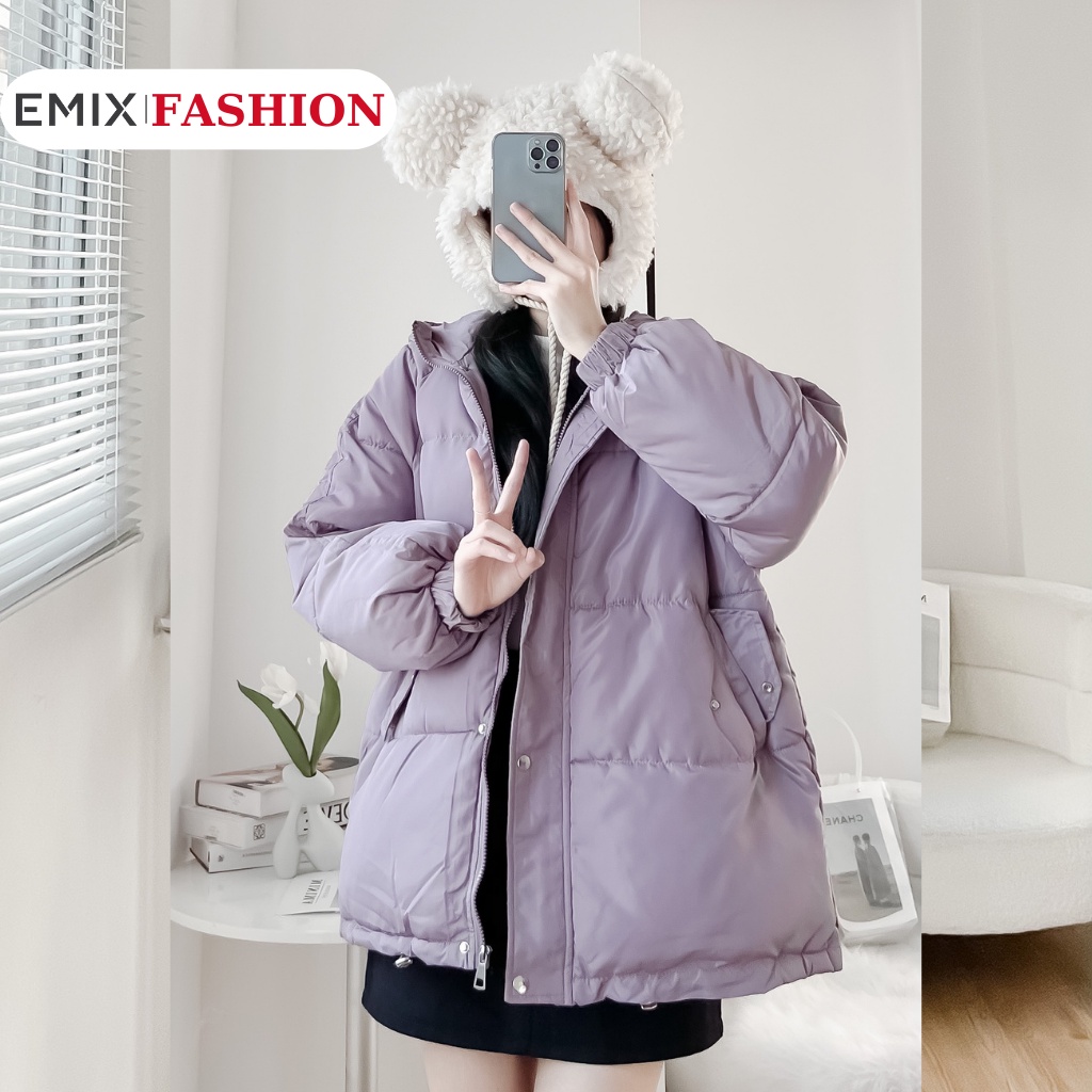 Áo phao đại hàn có mũ dáng dài trùm mông EMIX freesize dưới 60kg Aophaobeo/P13