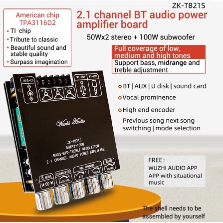 ZK-TB21S Bảng mạch khuyếch đại âm thanh Wuzhi ZK-TB21S 50W*2 + 100W Chip 3116D2 Bluetooth 5.1 chuẩn chính hãng