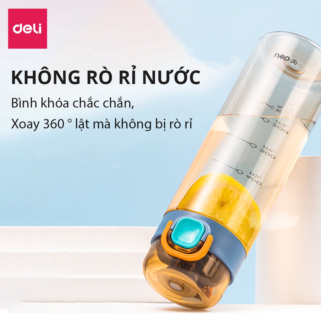 Bình nước thể thao nhựa tritan BPA free an toàn Deli 600ml dung tích khóa chốt chống rò rỉ nước, bình nước trẻ em